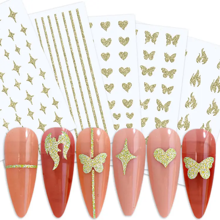 Adiyat 3D Simple Gold Lines Nail Stickers Star Love Hollow Heart Decals Curve Gel Nails Art Sliders Polish Manicure Decal