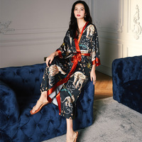 Gaun Tidur Wanita Berkualitas Tinggi Bahan Sutra Satin V-neck Panjang Penuh Motif Bunga Ukuran Besar Kimono Robe Pakaian Tidur Polos Cepat Kering