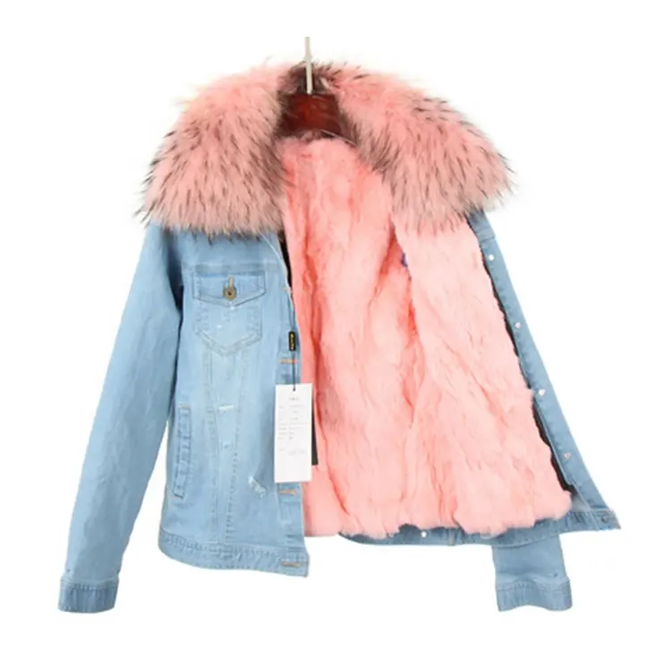 Women Denim Fluffy Short Fur Lt Blue Jacket Faux Fur Liner With Real Raccoon Fur Collar