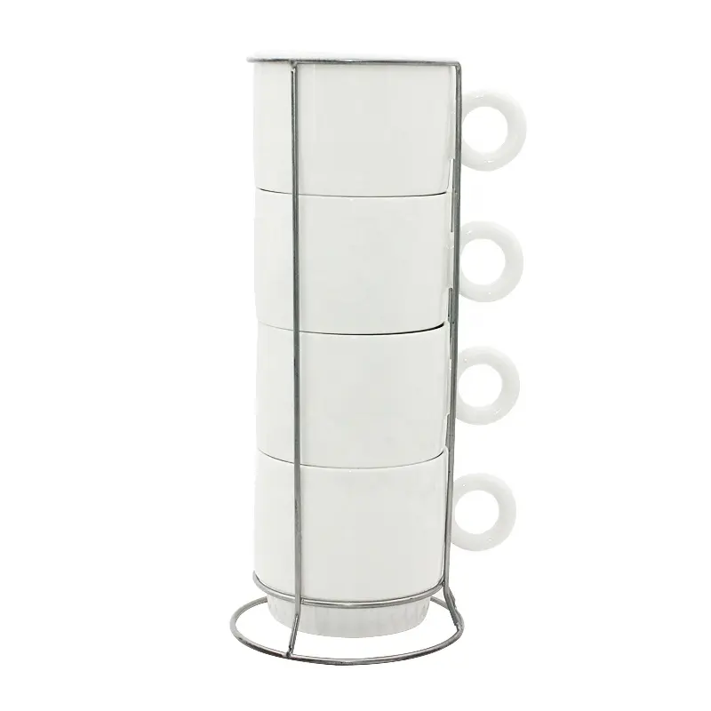 Custom 4-in-1 Eco-Friendly Stackable Coffee Mug Set Porcelain and Ceramic Mugs with Rack for Sublimation Cup Set