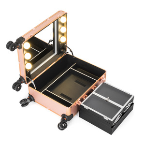 Oro Champagne in alluminio di colore <span class=keywords><strong>grande</strong></span> trolley illuminato trucco di bellezza caso cosmetico con luci specchio lampadine ruote e stand - Product Image 4