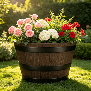 Maceta de Plástico con Imitación de <span class=keywords><strong>Madera</strong></span>, Decorativa para Hogar y Jardín, Maceta Tipo Barril - Product Image 5