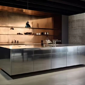 เฟอร์นิเจอร์ครัวสำเร็จรูปสไตล์โมเดิร์นสำหรับโรงแรมเชิงพาณิชย์ ดีไซน์หรูหราแบบอิตาลี ชุดตู้เก็บของติดผนังพร้อมไอส์แลนด์ ผลิตภัณฑ์โลหะสำหรับห้องนั่งเล่น - Product Image 1