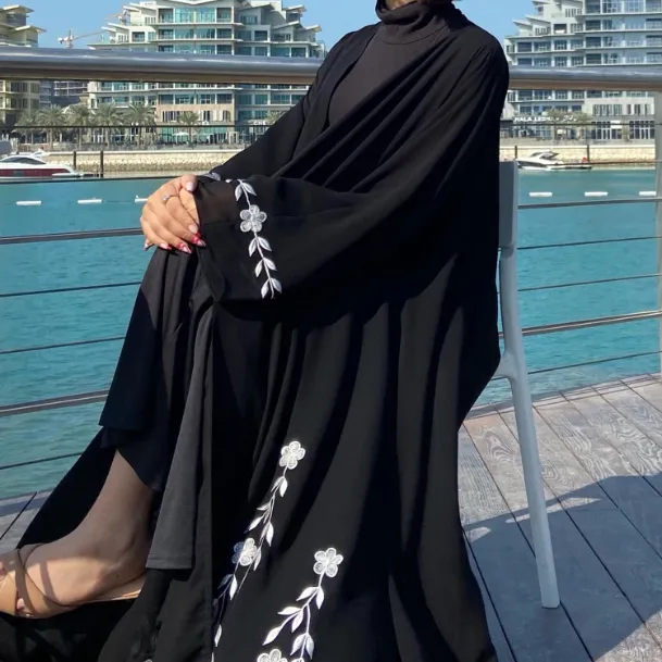 ĐẦM TRUNG Đông Vải Mềm Thiết Kế Bán Chạy Nhất Abaya Thêu Hoa Hồi Giáo Cho Nữ Dubai