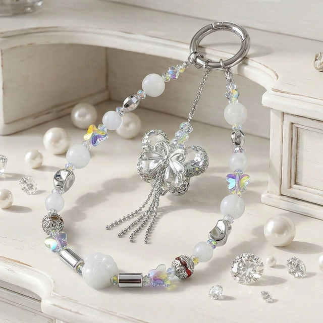 Silver Butterfly & White Beaded Phone Lanyard, Crystal Tassel Wrist Strap, Anti-Lost Aesthetic Phone Chain for Women