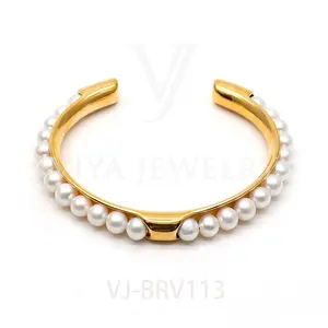 Viya饰品高品质新款珍珠开口手链饰品不锈钢饰品珍珠链袖口手链