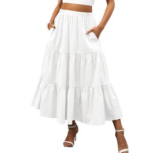 FOXA Women's Summer Boho Tiered A-Line Maxi <b>Skirt</b> <b>Elastic</b> Waist Cotton Breathable Long Beach Style - Product Image 1
