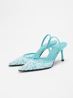 Escarpins à bout pointu en dentelle pour femme, talons aiguilles, découpes florales, bride cheville, chaussures de mariée