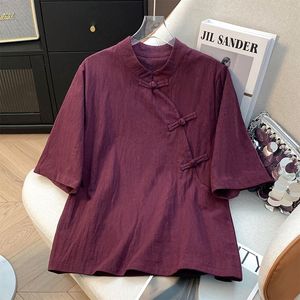 Women's Solid Color Linen Top Stand Collar Chinese Style Buttons Short Sleeve Tea Shirt Dark Red Summer 2025 - Product Image 1