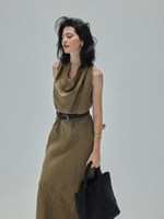 Robe longue vintage d'été en lin, sans manches, à col bénitier, taille naturelle ajustée, dos nu, avec nœud décoratif