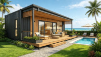 Maison conteneur économique de 20 pieds 40HQ avec bardage en bois et terrasse, design moderne pour usage hôtelier