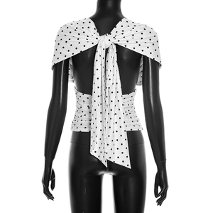 Viviblook J26TP254 Women Sexy Slim Fit Polka Dot Print Short Sleeved Deep V-Neck Backless Lace Up Casual Top - Product Image 2