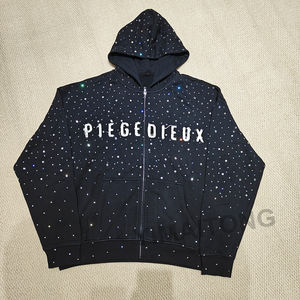 Sudaderas con capucha para hombre con cremallera de algodón pesado 100% de felpa francesa personalizada con apliques bordados desgastados y cremallera con diamantes de imitación - Product Image 1