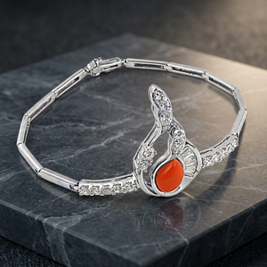 Silver <b>Bracelet</b> with <b>Red</b> Coral Oval Gemstone and Cubic Zirconia Butterfly Design 925 Sterling Silver Women's Casual/Sporty - Product Image 3