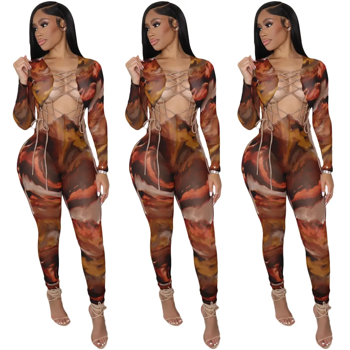 Summer Bandage Two Piece Set Sexy V Neck Lace Up Long Sleeve Crop Top Print Sheer Mesh Pants Club Party 2 Piece jumpsuit