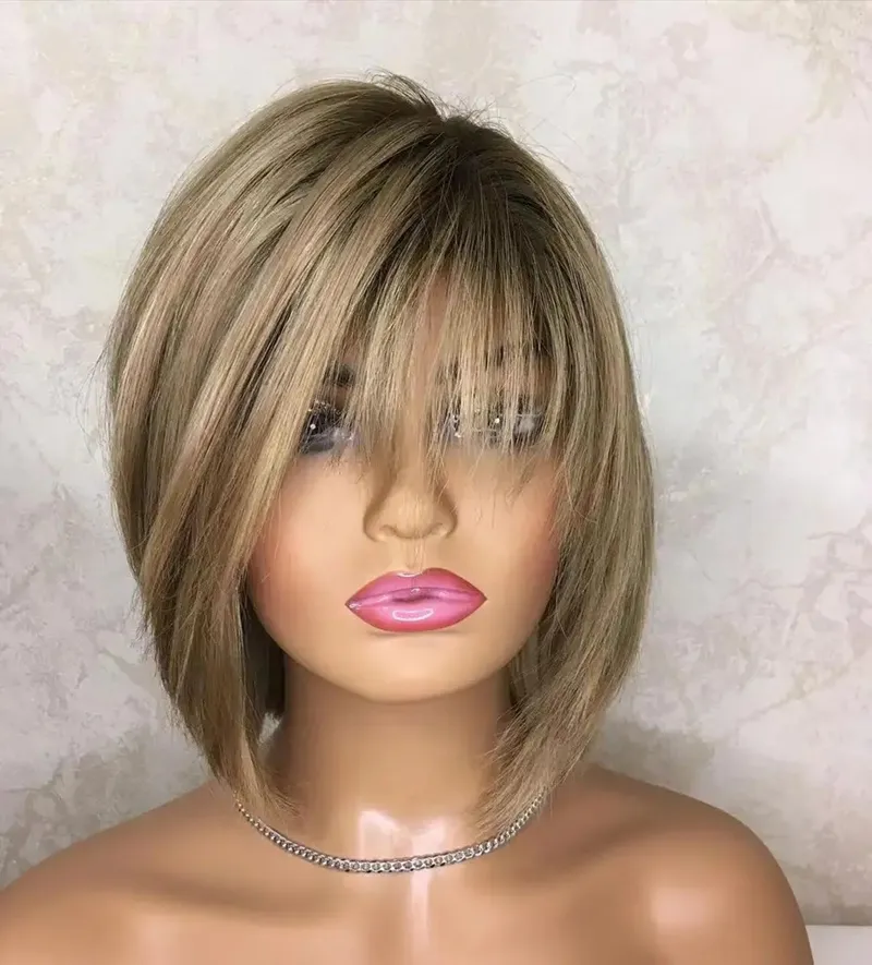 Hot Selling Highlight Blonde Color Silky Straight With Bangs Human Hair Wig Transparent Lace Front Wigs