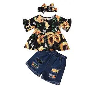 时尚女婴夏季服装向日葵印花两件套牛仔裤精品儿童套装