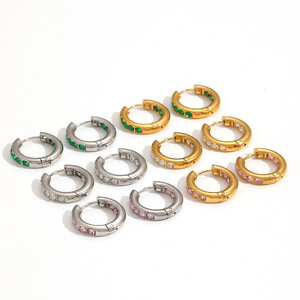 Pendientes de Aro Redondos con Incrustaciones de Diamantes, Acero Inoxidable, Unisex, Uso Diario, Diseño Geométrico, Engaste de Canal TE60203 G PK - Product Image 3