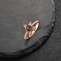 Bague de projection photo discrète « Je t'aime » en 100 langues, tête de chat, ouverte et ajustable, en or rose et zircon, cadeau pour maman de chat