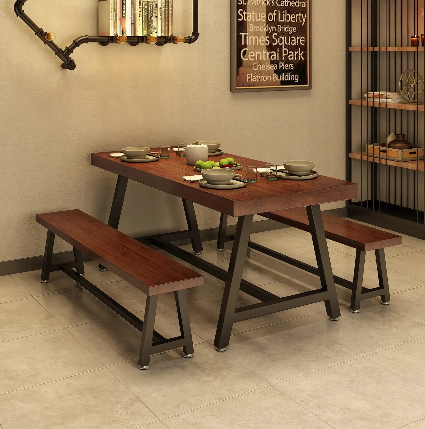 ชุดเก้าอี้โต๊ะทานอาหารทำจากไม้เนื้อแข็งขาเหล็กสำหรับร้านอาหารเฟอร์นิเจอร์ร้านกาแฟ