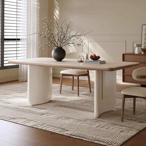 Cream Colored Slab Dining Table Rectangle Stable Solid Wood Modern Minimalist Design For Small Homes Light Luxury Style - Product Image 1