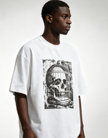 T-shirt homme personnalisé Kornit Digital Print 100% Coton Coupe Ample Grammage Lourd Effet Vintage Délavé et Vieilli Motif Crâne Gothique Cage à Oiseaux Effet Soleil Décoloré