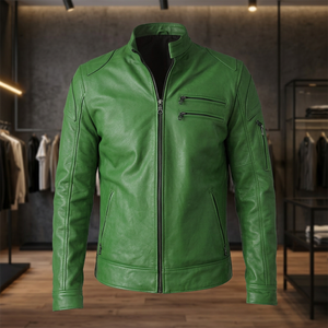 BS International NA209 Blouson Racer en Cuir de Veau Véritable à Col Mandarin, Toile Hiver Écologique Coupe-Vent Imperméable Personnalisable - Product Image 1