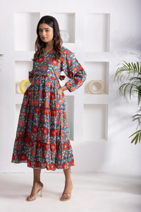 Cotton Midi Turquoise Floral Dress for <b>Women</b> with Ruffle Sleeves Hand Block Print Boho Summer Vacation Holiday Resort Outfit - Product Image 3