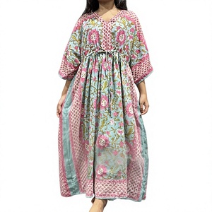 Women's Floral Printed Cotton Kaftan Maxi <b>Dress</b> <b>Boho</b> Lounge <b>Summer</b> Autumn Breathable A-Line Relaxed Fit V-Neck XXS - Product Image 4