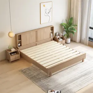 Set tempat tidur gaya Nordic, furnitur kamar tidur kayu ek padat dengan rangka tempat tidur semua ukuran