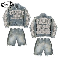 Ensemble deux pièces Y2K pour homme : veste en jean vintage délavée avec broderie strass et pantalon court, logo personnalisé