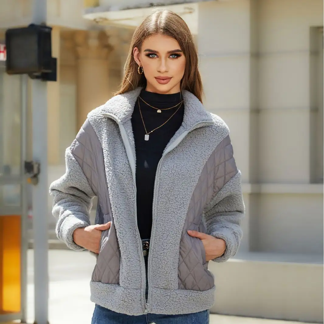 Europeus e Americanos roupas outono e inverno nova moda de manga comprida cardigan zipper plush costura jaqueta das mulheres