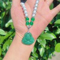 Collier Pendentif Anniversaire Pixiu en Or, Perle d'Imitation Géométrique Tendance, Guanyin Maitreya Bouddha, Jade Vert Sculpté à la Main