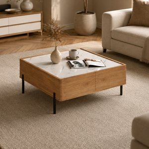 Table basse moderne à lattes avec étagère ouverte et pieds en métal pour salon - Product Image 4