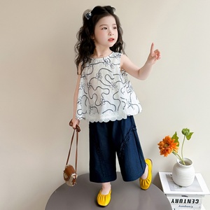 ชุดเสื้อกั๊กปักลายฤดูร้อนสำหรับเด็กผู้หญิง กางเกงขายาวทรงกว้าง ชุดสองชิ้น แฟชั่นลำลองสำหรับเด็กผู้หญิงตัวเล็ก - Product Image 2