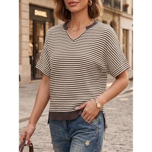 Womens Short Sleeve Striped Pullover <b>Top</b> V Neck Loose Cropped Knit Sweater Summer Casual <b>High</b> <b>Low</b> Hem T Shirt - Product Image 4