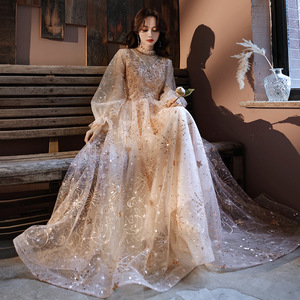 Women's Elegant Evening Gown Empire Waist High Neck Ball Gown Embroidered Organza Vintage Long Dress For Banquets And Hostess - Product Image 1