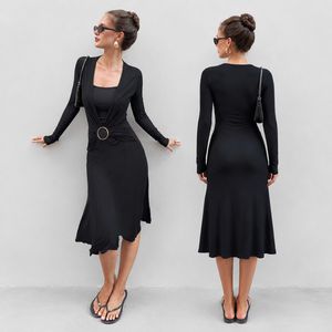 Vestido Midi Elegante para Mujer, de Color Sólido, Elástico, Ajustado, de Manga Larga, con Cintura Natural, Silueta Ajustada, Estilo Casual - Product Image 1