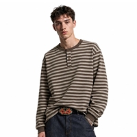 T-shirt à manches longues surdimensionné pour homme QUICKSHOW Streetwear, col Henley, style Old Money, rayé, 270 GSM, mode automne