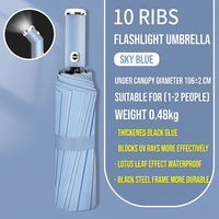 D5858 Parapluie pliant automatique 3 sections avec lumière LED nocturne personnalisée, coupe-vent, protection solaire et lampe torche puissante