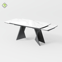 Table à manger extensible de taille personnalisable, plateau en pierre blanche, base géométrique noire, mobilier moderne pour la maison