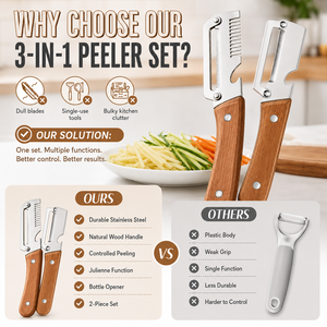 Lot de 2 <span class=keywords><strong>éplucheur</strong></span>s de légumes multifonctions en gros avec manche en bois et coupe-juliennes en acier inoxydable - Product Image 5