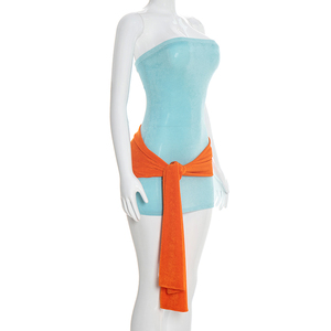 Viviblook Y26DS038 Women Spring Summer New Strapless Off Shoulder Color Blocking Ribbon Bodycon <b>Mini</b> Party Dress - Product Image 3