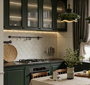 Juego de Muebles de Cocina BALOM 2026 de Lujo en Verde Oscuro con Puertas de Vidrio Arqueadas, Iluminación Integrada, Muebles de Cocina Modulares Personalizados - Product Image 3