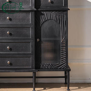 Black Italian Style Sideboard Solid Wood <b>Rattan</b> Woven Vintage <b>Cabinet</b> For Living Room Bedroom Dining Room - Product Image 4