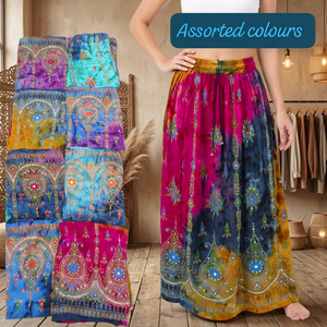 Vente en gros de jolies jupes indiennes vintage en rayonne tie-dye avec perles sitara, couleurs assorties, style bohème hippie pour femmes. - Product Image 2