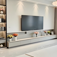 Meuble TV Flottant Minimaliste Moderne Extra Long avec Rangement Linéaire, Vitrine Haute en Verre et Accents LED