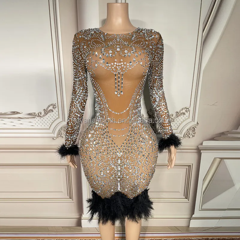 Novance Y2572-B New Items 2023 Diamond Beaded Mesh Streatchy Feather Mini Dress Better Girl Fashion Wedding Robes For Bridal