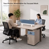Bureau de travail modulaire compact pour deux personnes avec cloison de séparation bleue et unité de rangement latérale pour petit espace de travail