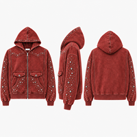 Sweat à capuche zippé personnalisé avec clous, en molleton de coton épais, orné de strass, pour homme, style streetwear